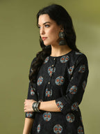 Myshka Women's Black Printed Cotton Round Neck Party Tunic With Trousers Co-ord set | Grocsy