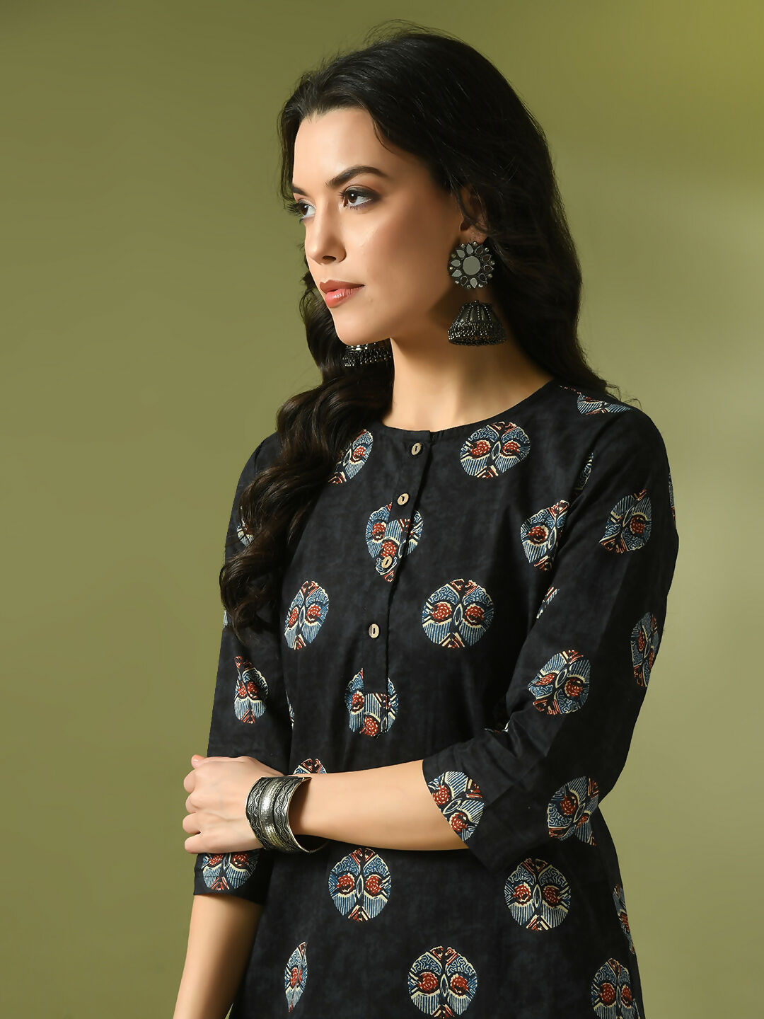 Myshka Women's Black Printed Cotton Round Neck Party Tunic With Trousers Co-ord set | Grocsy