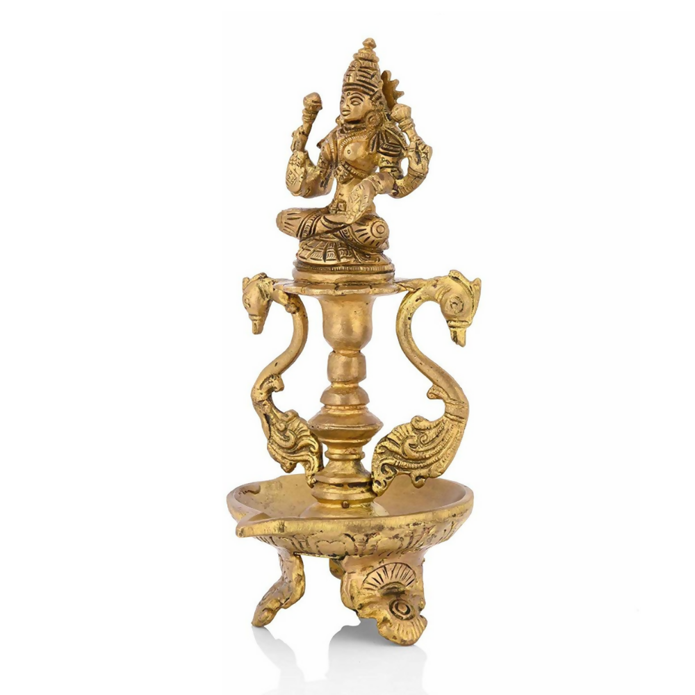 CraftVatika Brass Antique Laxmi Diya Oil Lamp Statue Lakshmi Peacock Puja Dia Table Diya Brass Table Diya | Grocsy