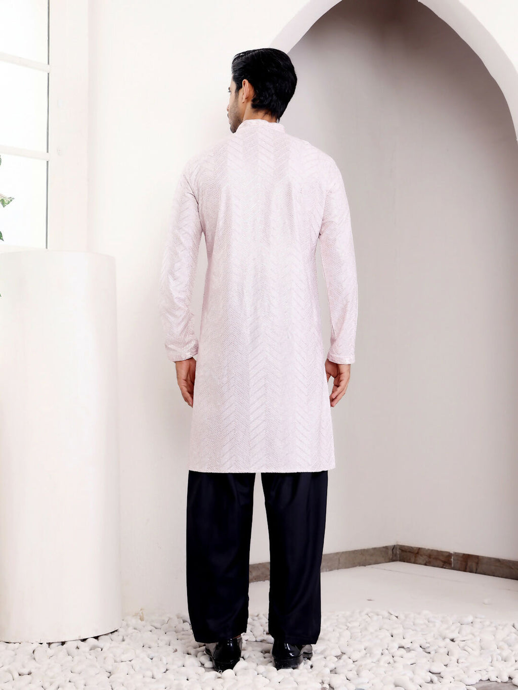 Light Pink Georgette Designer Chikankari Embroidery Work Men's Kurta - Mahotsav | Grocsy