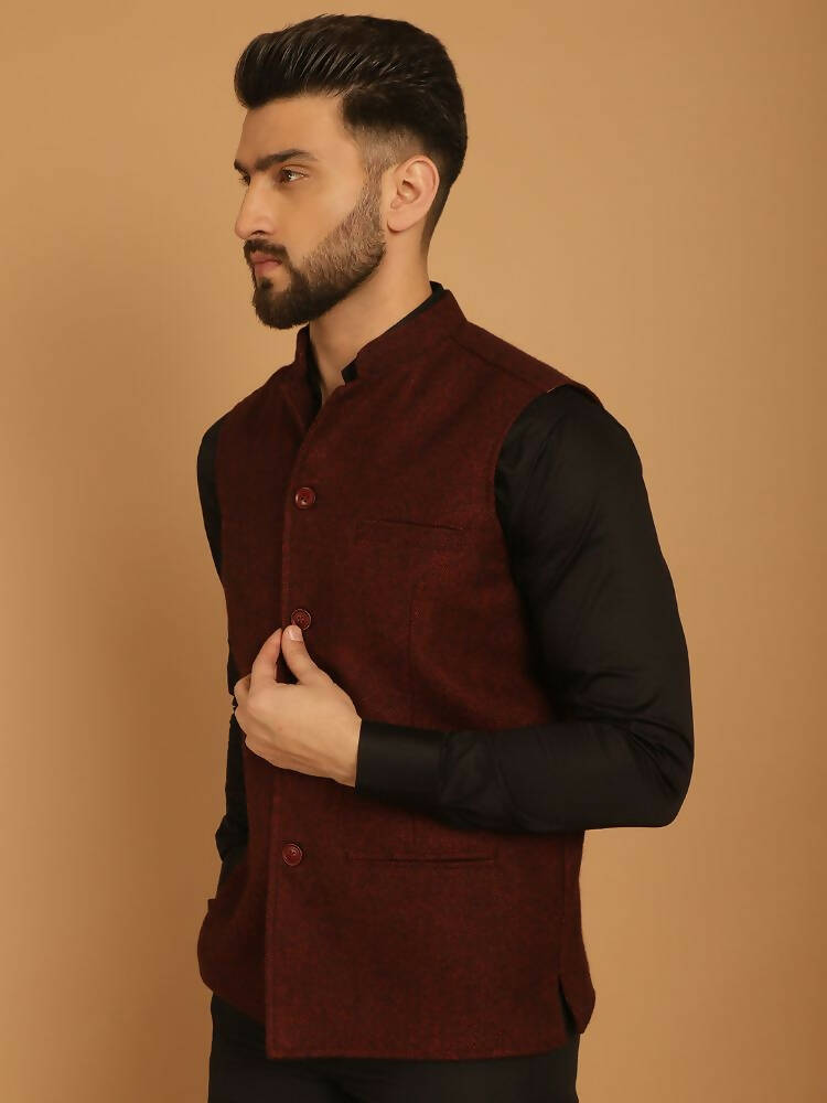 Even Apparels Pure Wool Nehru Jacket - Maroon | Grocsy