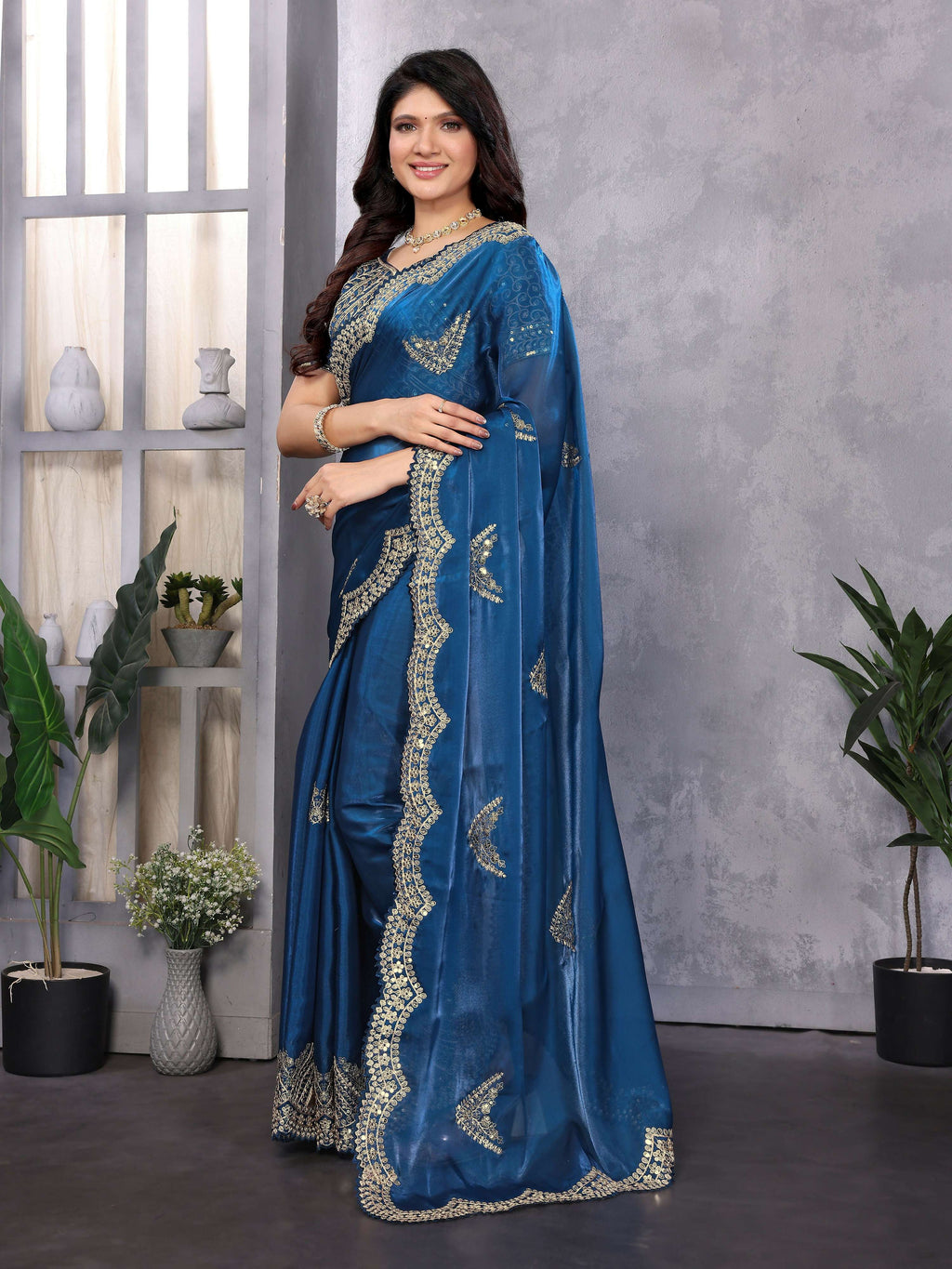 Vastranavya Blue Embroidery Work Shimmer Chiffon Saree with Unstitched Blouse | Grocsy