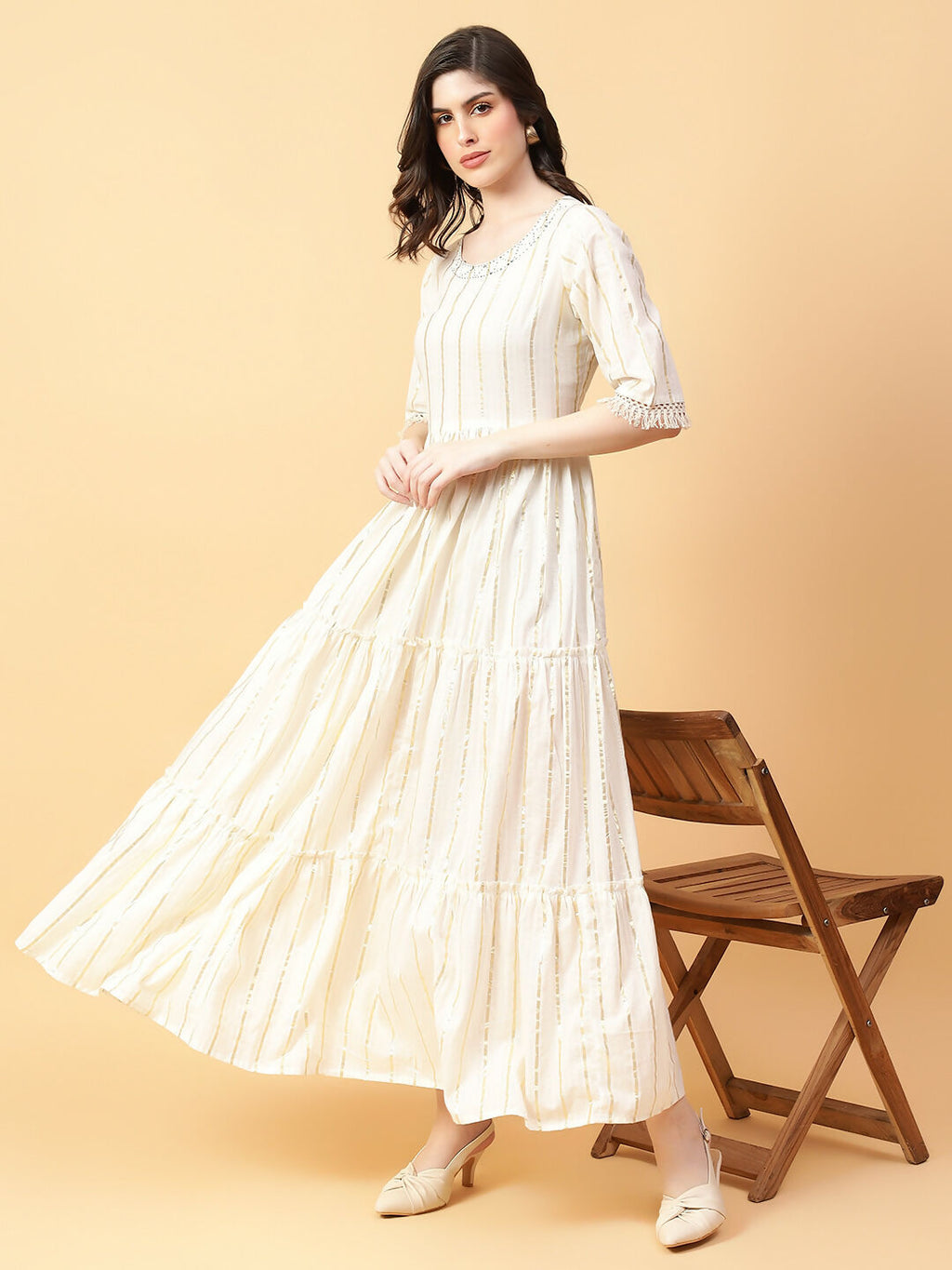 Joban Fashion Cream Cotton Lurx & Hand Work Dress | Grocsy