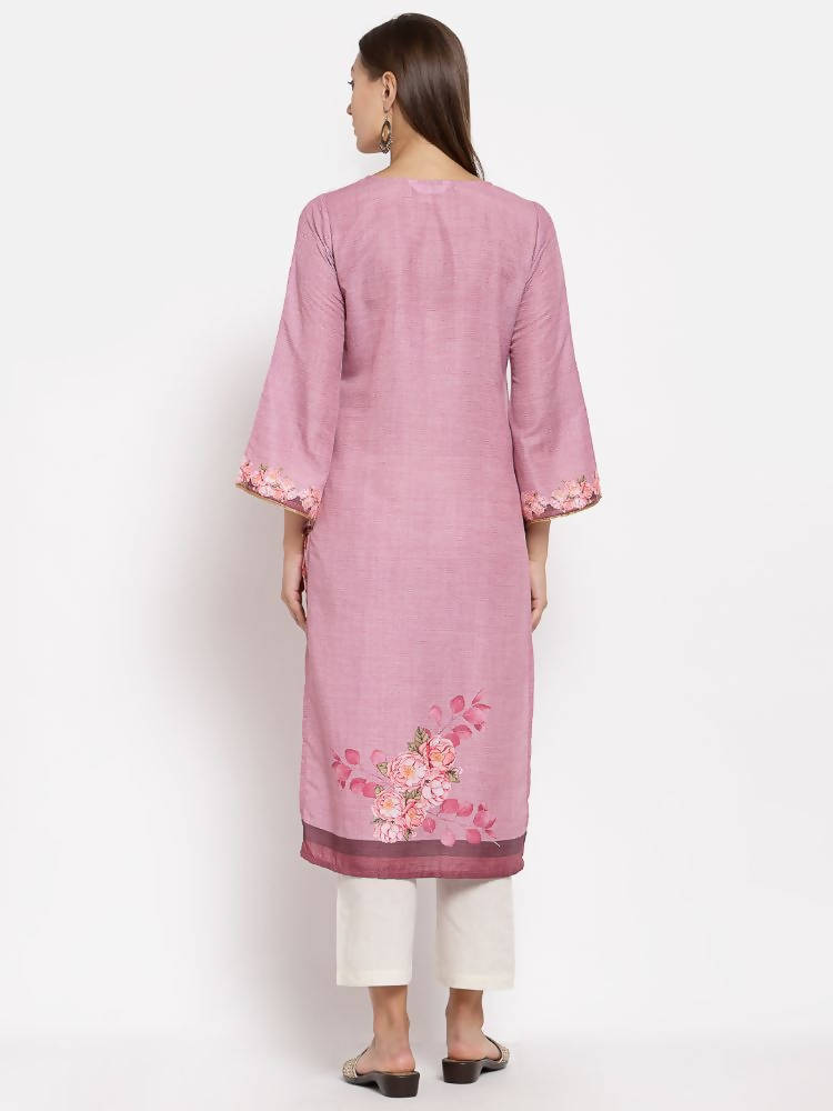 Myshka Women's Pink Cotton Printed Full Sleeve Round Neck Casual Kurta | Grocsy