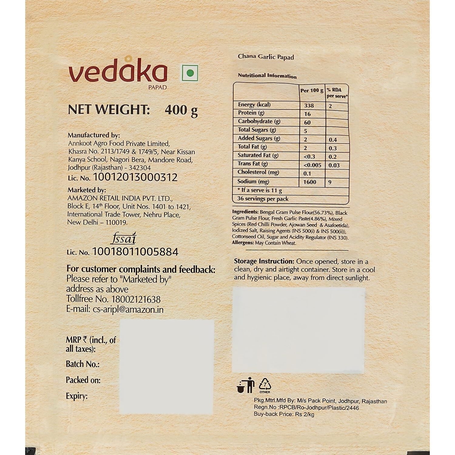 Vedaka Chana Garlic Papad