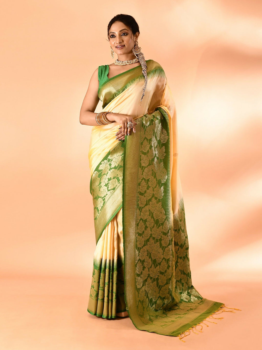 Joban Fashion Light Yellow & Parrot Green Plain With Weaving Border Banarasi Silk Sarees | Grocsy