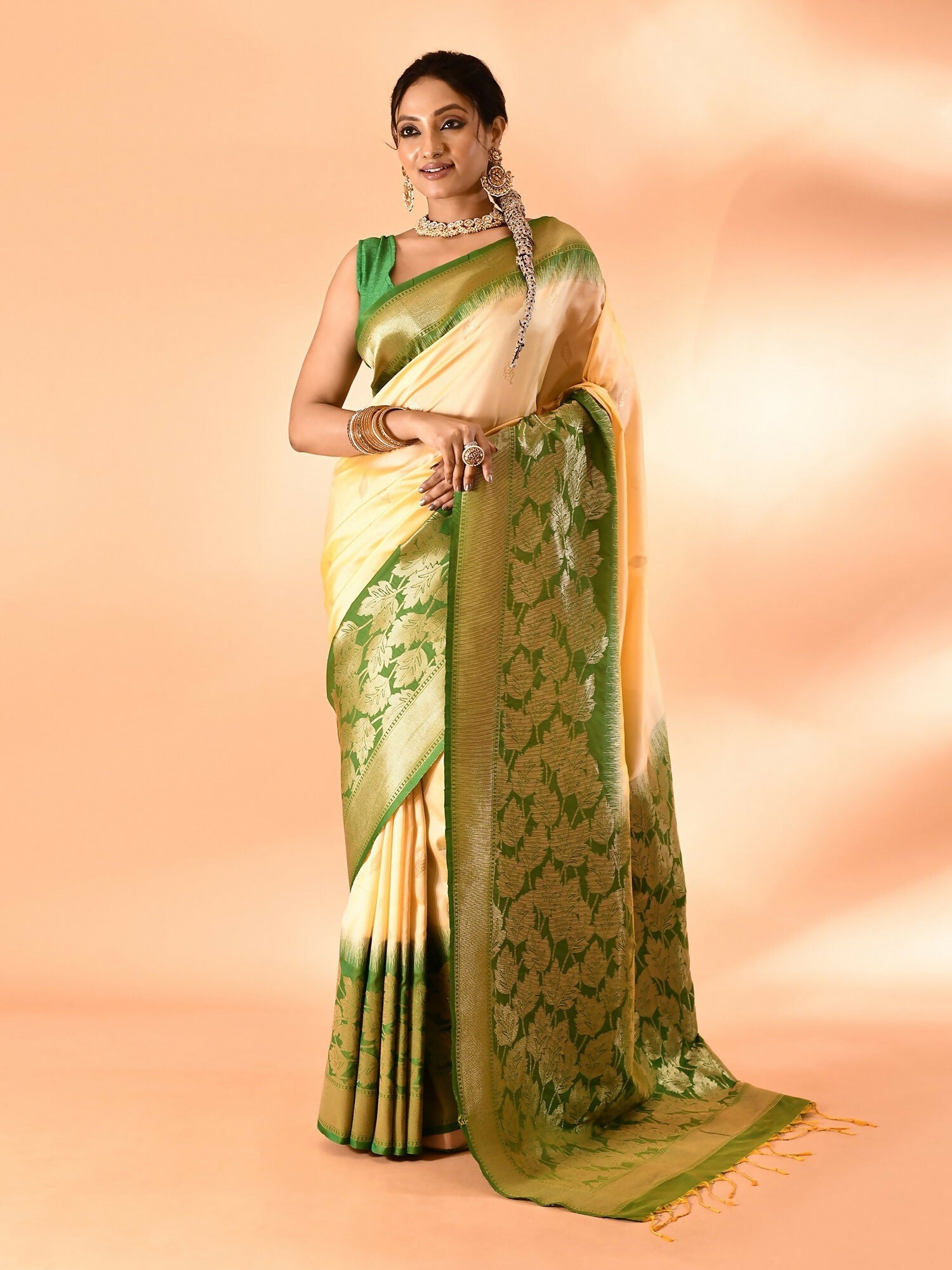 Joban Fashion Light Yellow & Parrot Green Plain With Weaving Border Banarasi Silk Sarees | Grocsy