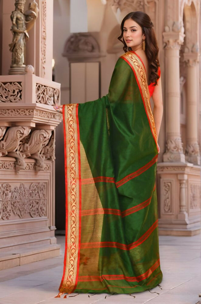 Joban Fashion Women Green & Red Trendy Cotton Saree | Grocsy