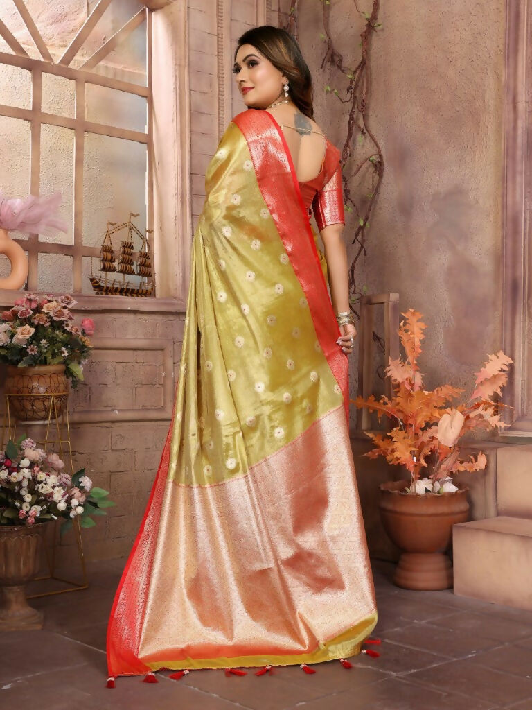 Anaita Golden Tissue Silk With Zari Weaving Saree With Blouse | Grocsy