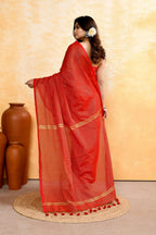 Piyari Fashion Women's Red Embellished Cotton Blend Zari Check Handloom Saree | Grocsy