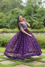 Vastranavya Premium Designer Faux Blooming with Embroidery Zari Sequins work Gown - Purple | Grocsy
