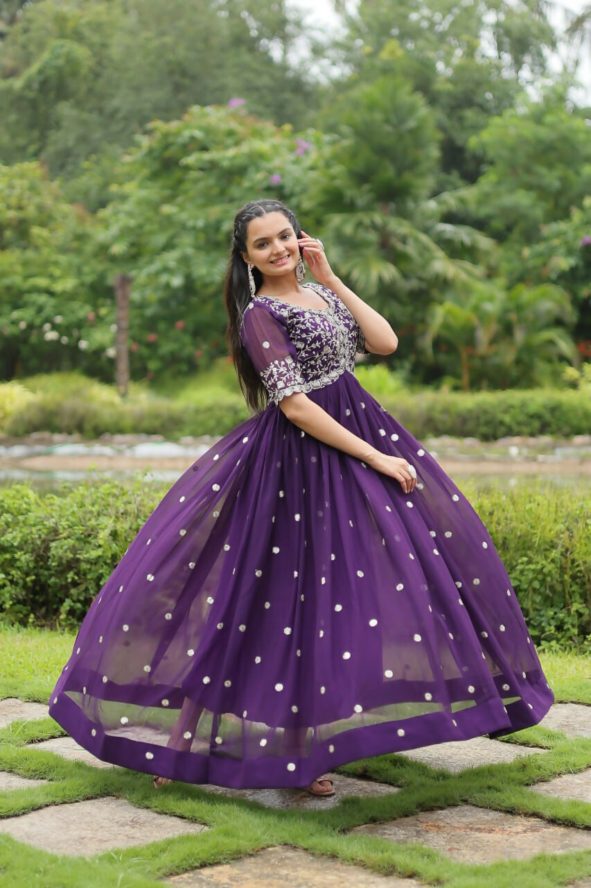 Vastranavya Premium Designer Faux Blooming with Embroidery Zari Sequins work Gown - Purple | Grocsy