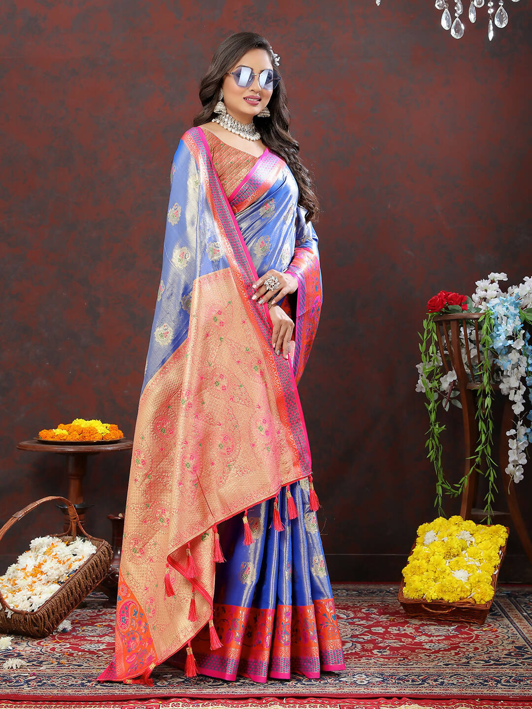 Lorenvalley Fashion Lavender Kanjivaram Silk Woven Design with Zari Weaving Saree | Grocsy
