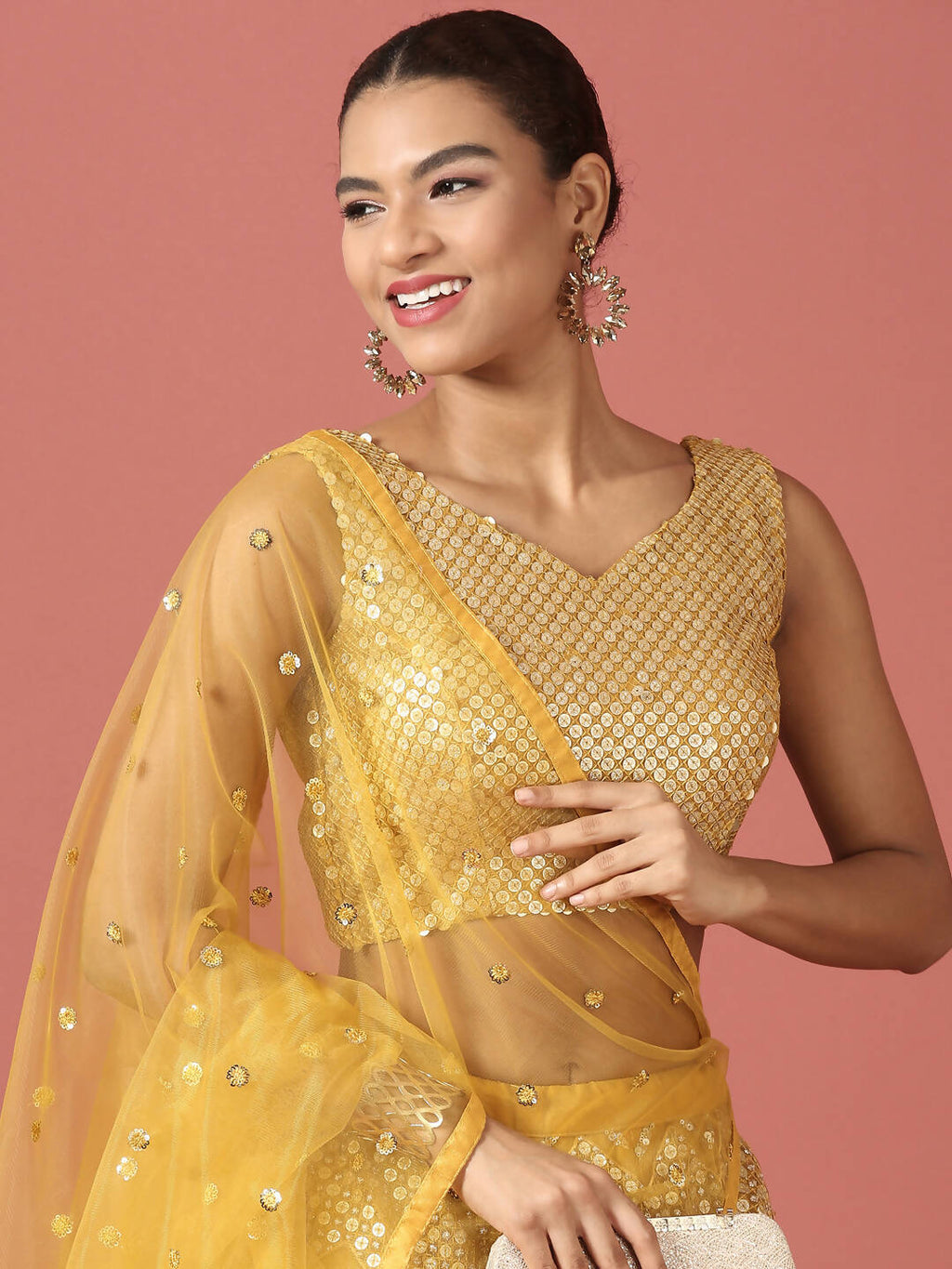 House of Panchhi Mustard Net Sequinse Work Lehenga & Blouse, Dupatta | Grocsy
