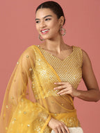 House of Panchhi Mustard Net Sequinse Work Lehenga & Blouse, Dupatta | Grocsy