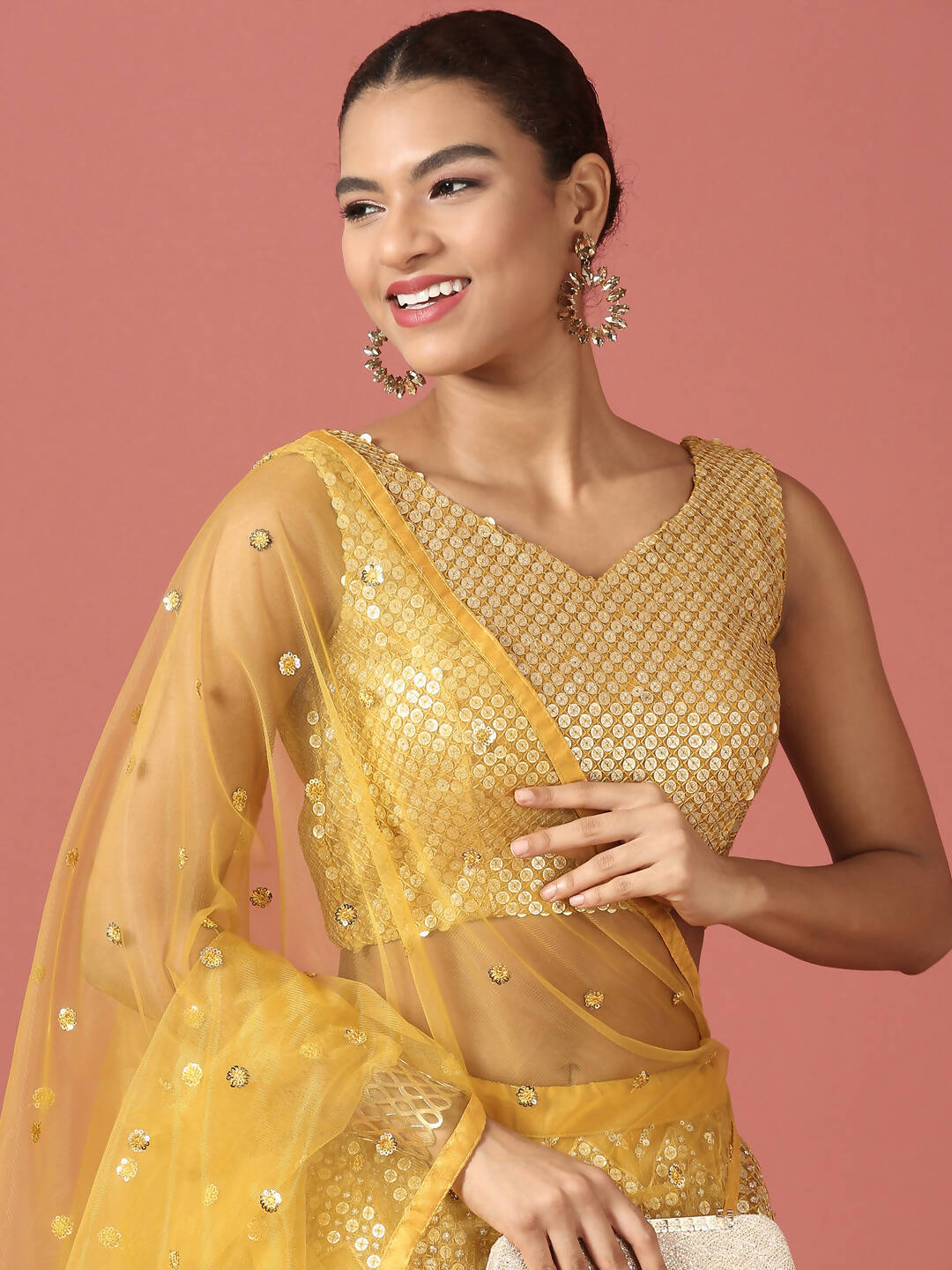 House of Panchhi Mustard Net Sequinse Work Lehenga & Blouse, Dupatta | Grocsy