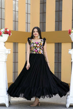 Jyoti Fashion Women's Black Sequins Thread Embroidery Faux Blooming Anarkali Dress | Grocsy