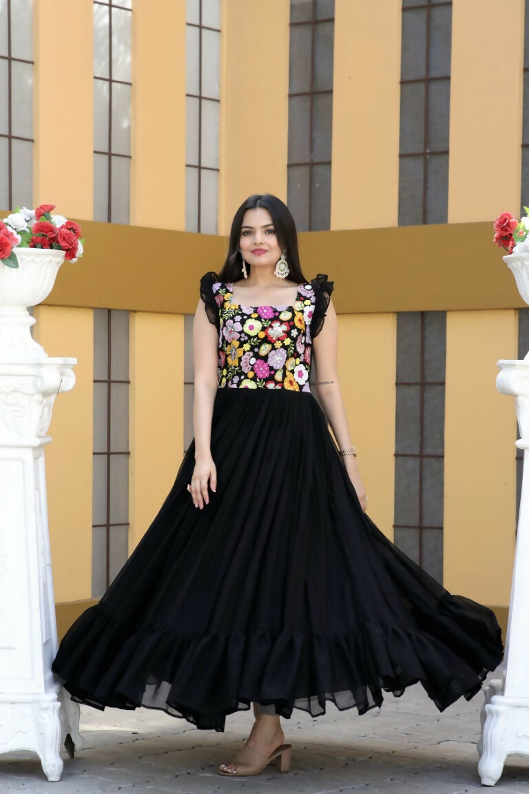 Jyoti Fashion Women's Black Sequins Thread Embroidery Faux Blooming Anarkali Dress | Grocsy