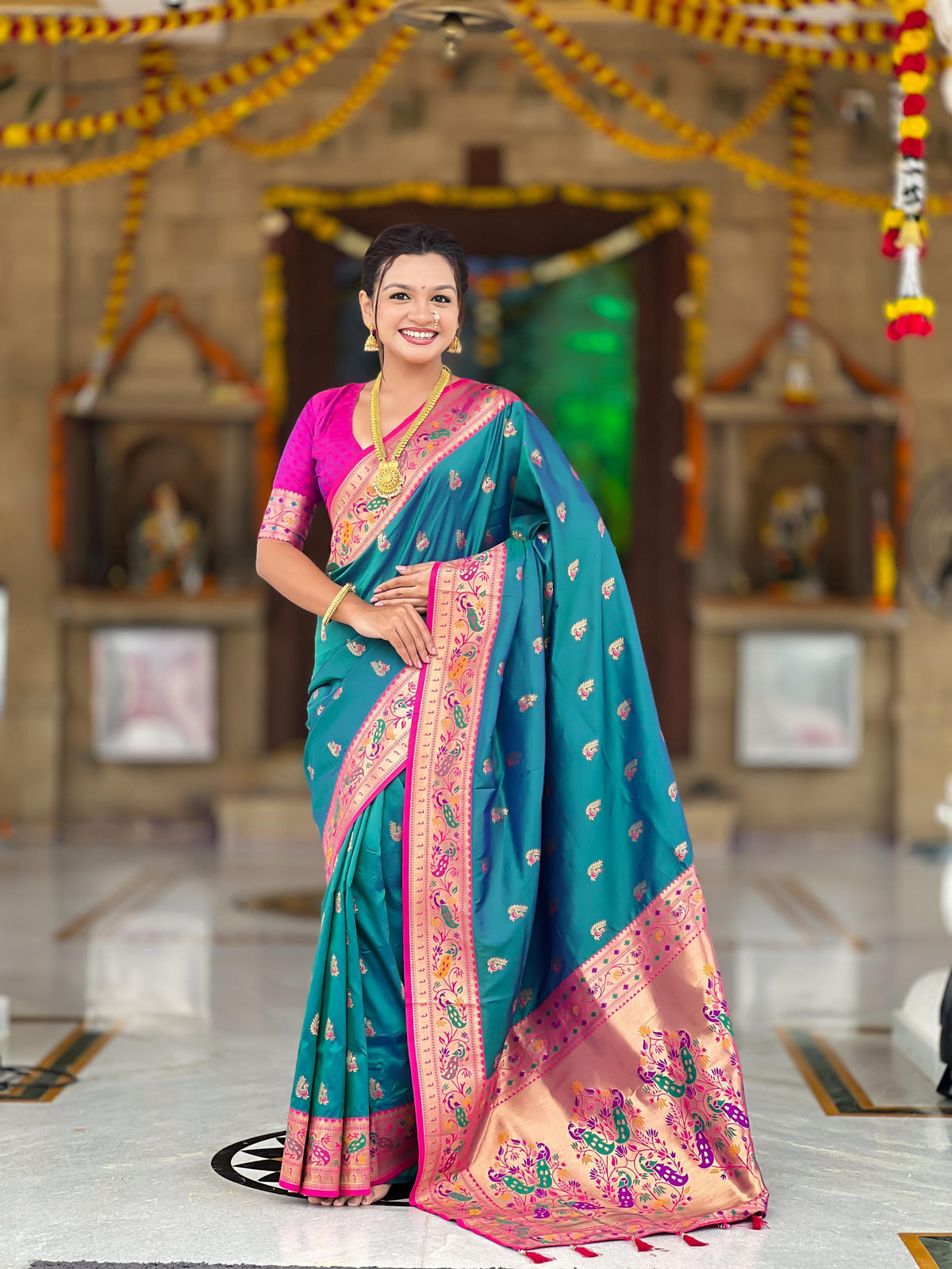 Mameraa Sarees Teal Blue Faux Banarasi Silk Saree With Paithani Rich Weaved Pallu And Blouse-Teal | Grocsy