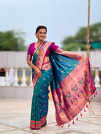 Mameraa Sarees Teal Blue Faux Banarasi Silk Saree With Paithani Rich Weaved Pallu And Blouse-Teal | Grocsy