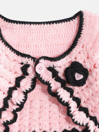 Chutput Kids Woollen Hand Knitted Full Sleeves Cardigan With Short Sleeves Flower Work Dress For Baby Girls - Pink | Grocsy