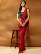 Red Imported Fabric Plain Ready to wear Saree with stitched Blouse - Vrinda | Grocsy