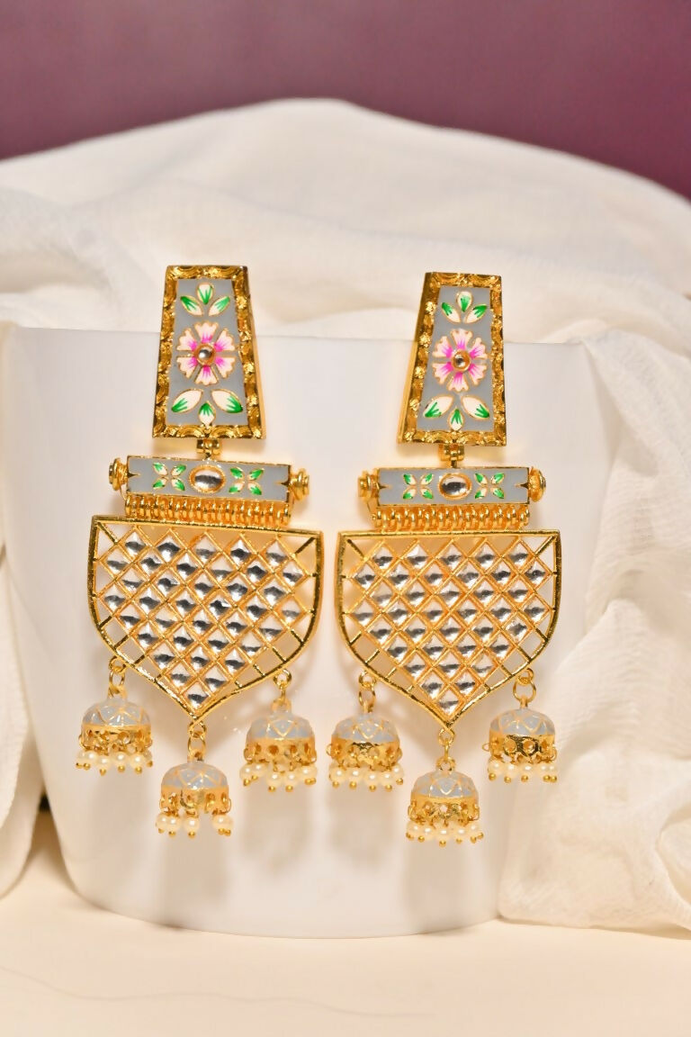 Grey Traditional Gold-Polished Meenakari Jhumka Jhumki Earrings Indian Jewellery For Women Girls By House of Ree - Swadesiicart