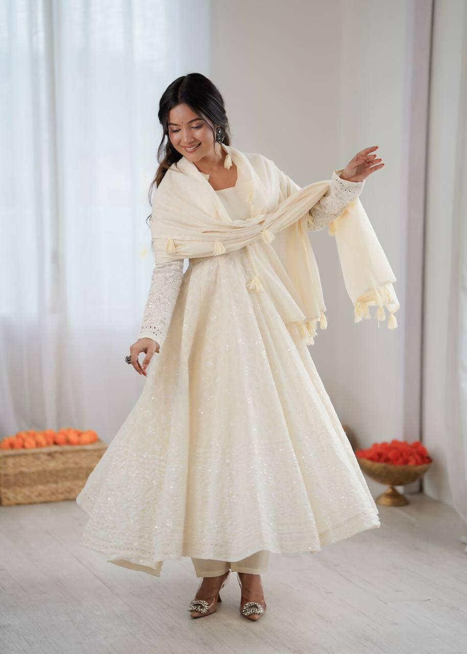 Teeya Creation Cream Kora Cotton Designer Embroidery Work long Gown | Grocsy