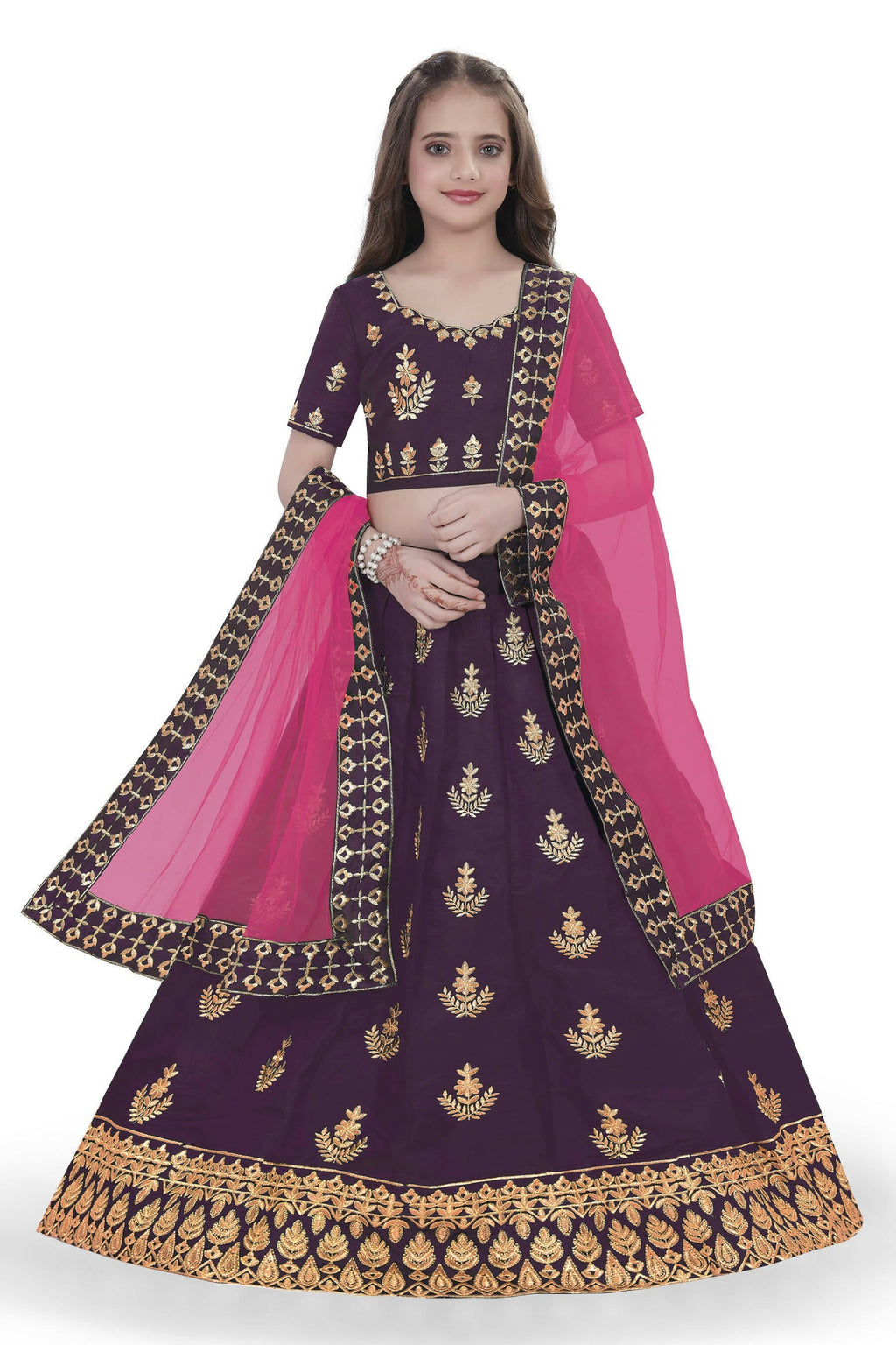 Dwiden Purple Kamal Tafetta Sattin Semi-Stitched Girl's Lehenga Choli | Grocsy