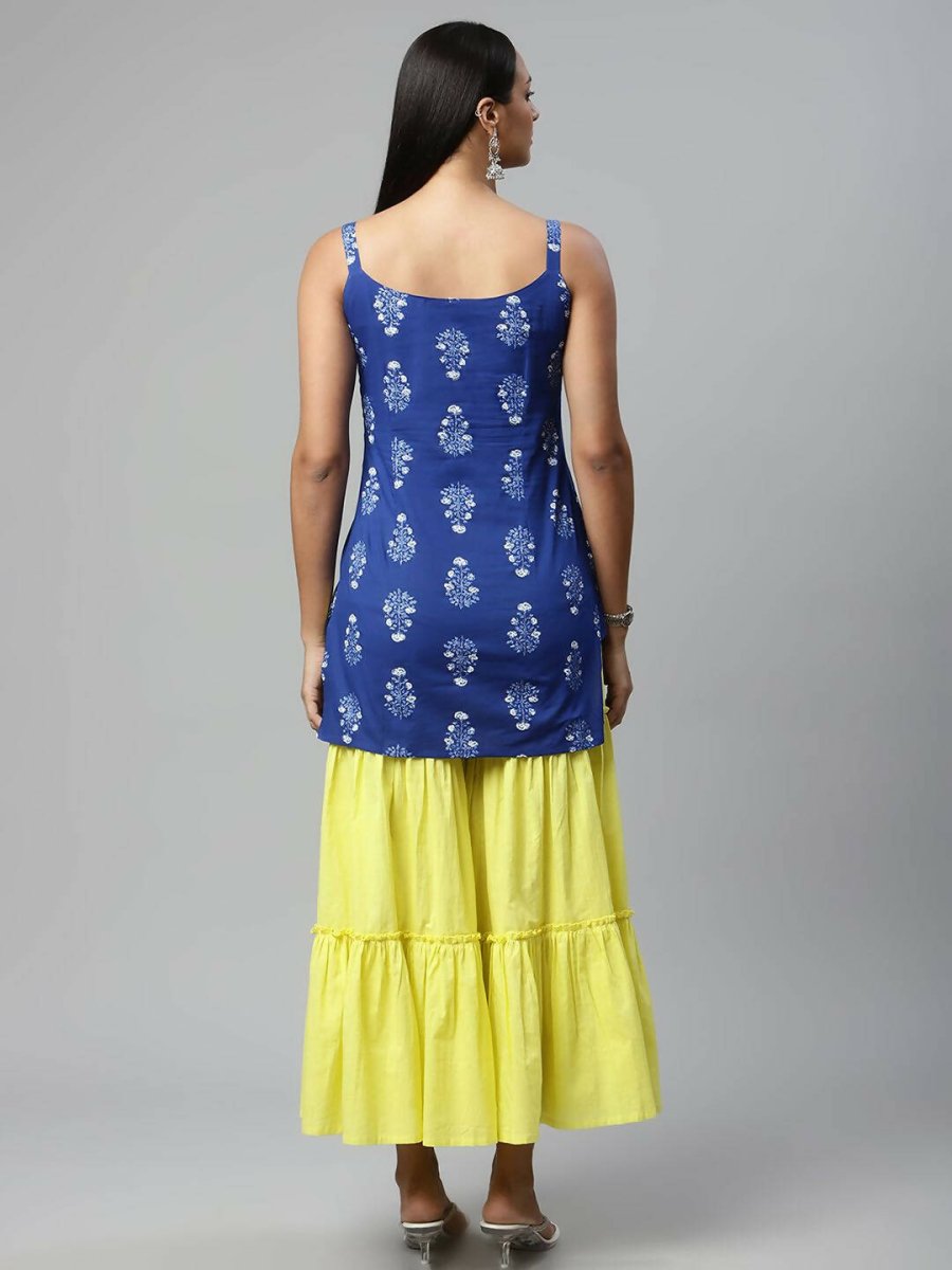 Ahalyaa Womens Royal Blue Pure Cotton Printed Tunic Sharara Set | Grocsy