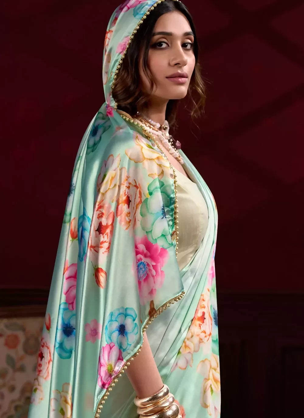 Vastranavya Pista Satin Silk Floral Printed with Pearl Lace Saree with Unstitched Blouse | Grocsy