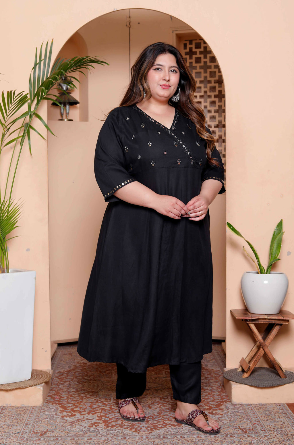 Miravan Womens Plus Size Black Mirror work Angrakha Kurta and Palazzo Set | Grocsy