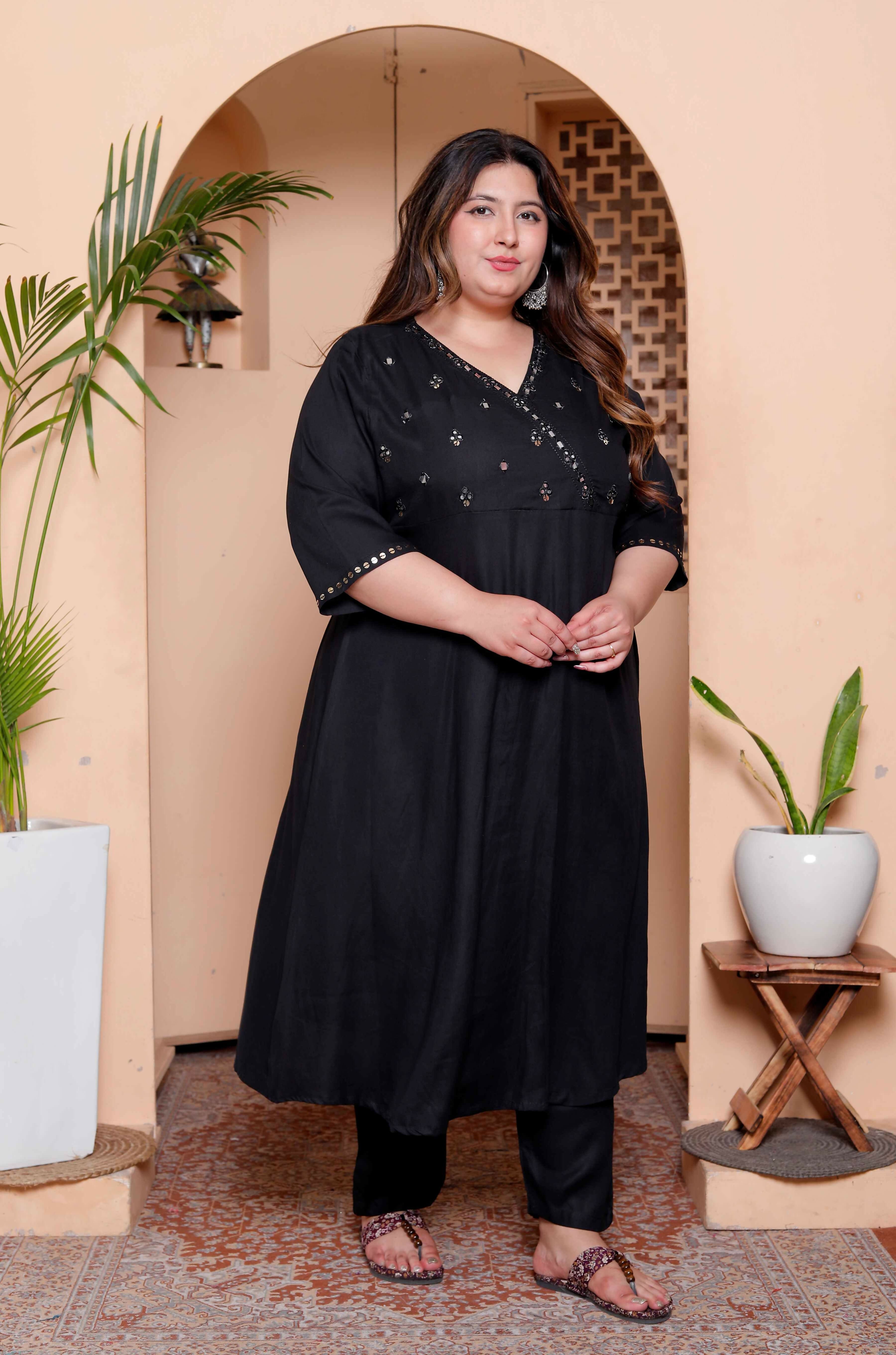 Miravan Womens Plus Size Black Mirror work Angrakha Kurta and Palazzo Set | Grocsy