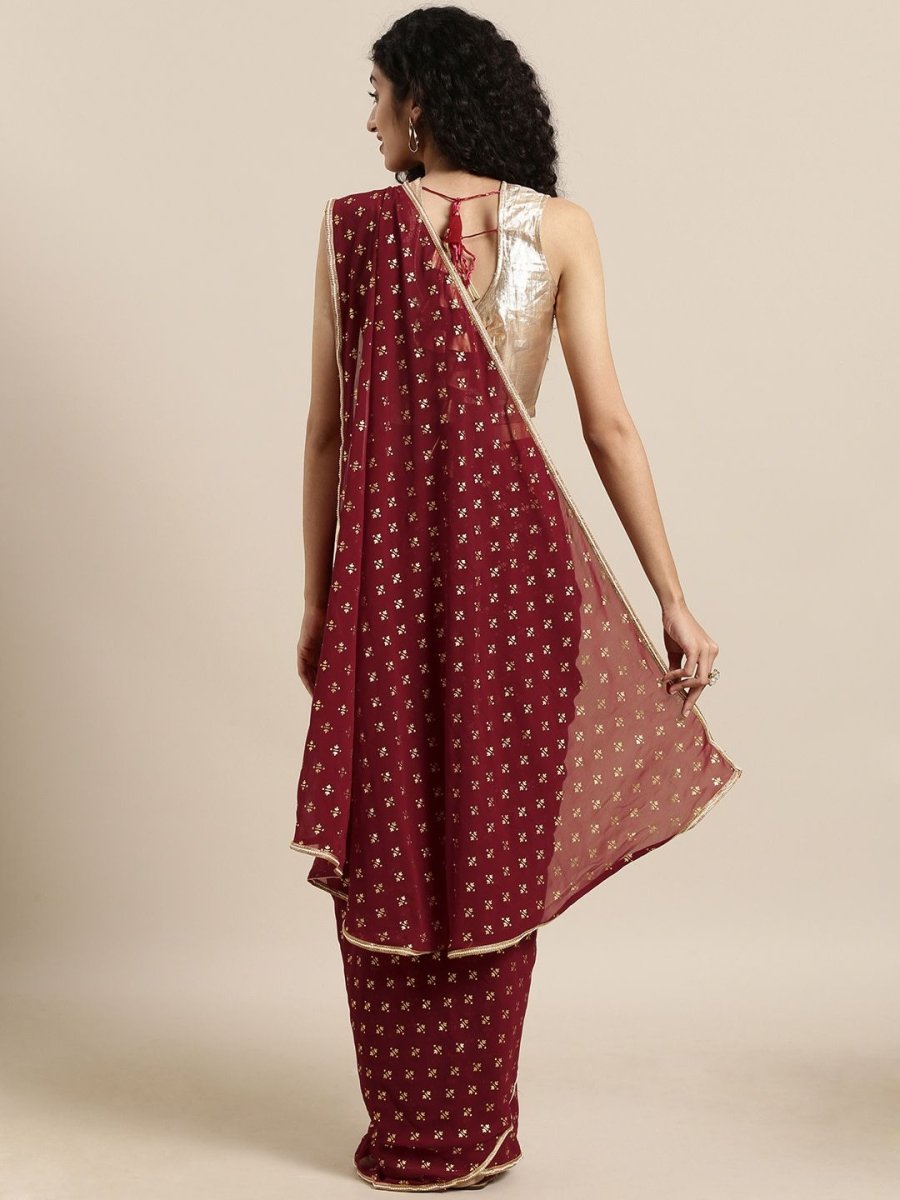 Ahalyaa Women's Maroon Georgette Gold Foil Print Ready to Wear Saree | Grocsy