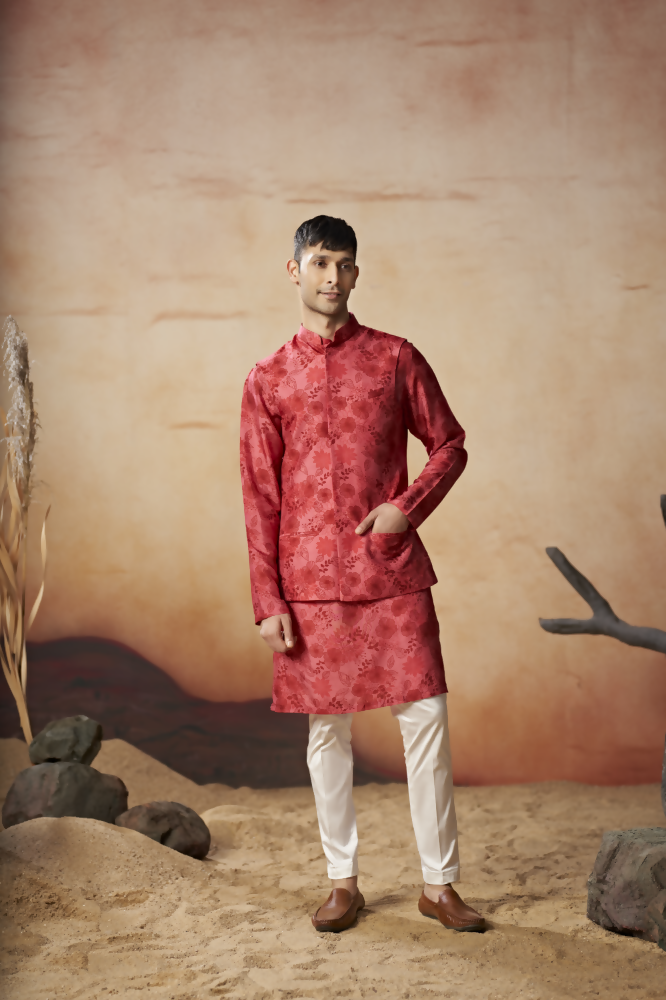 Floral Print Silk Nehru Jacket Set by Hilo Design | Grocsy