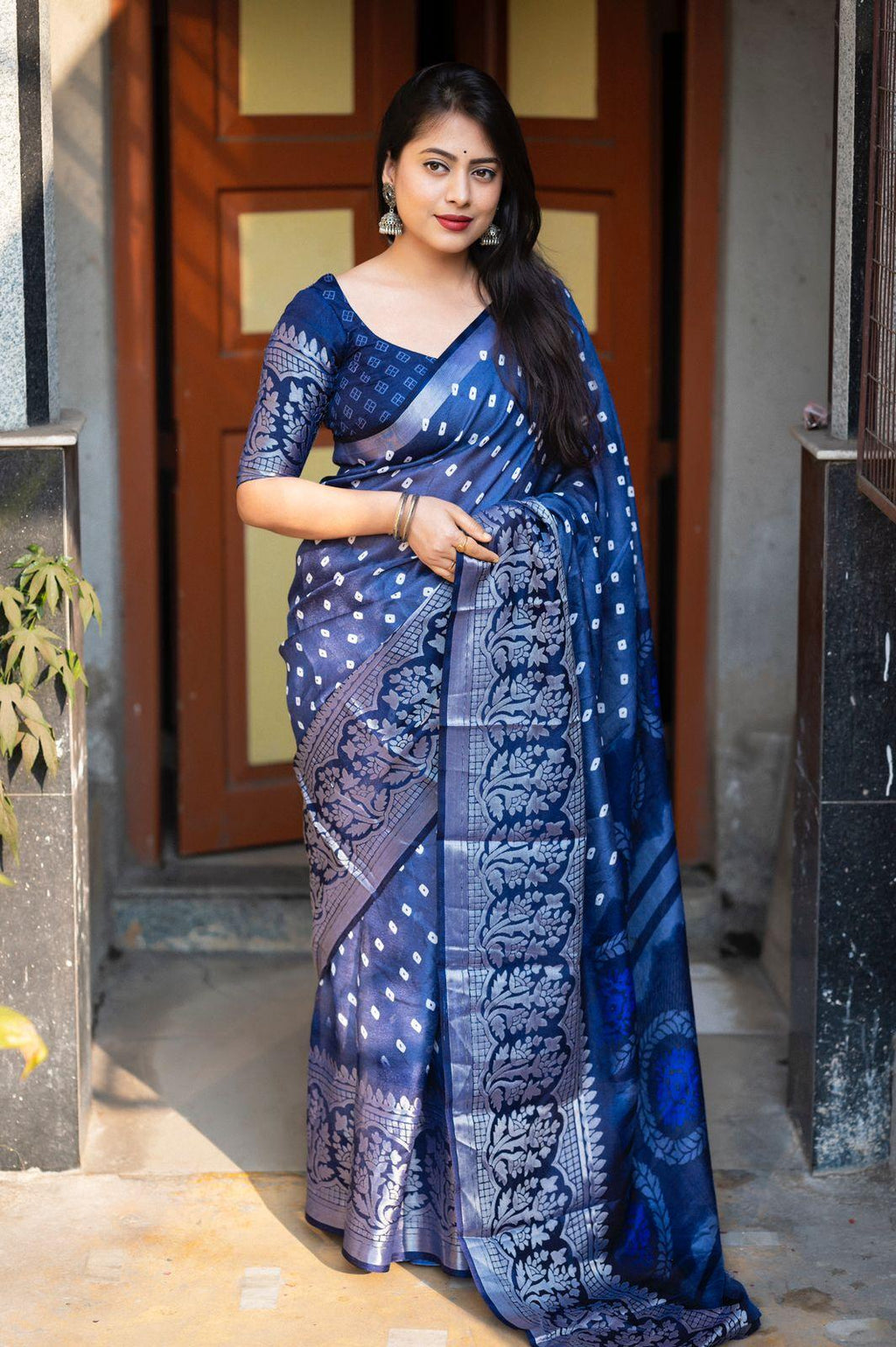 Lightblue Jute Silk Printed Saree with Unstitched Blouse - Hiral Fashion | Grocsy