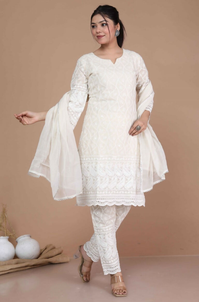 Miravan Women's Chikankari Cream Kurti Palazzo With Dupatta | Grocsy