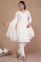 Miravan Women's Chikankari Cream Kurti Palazzo With Dupatta | Grocsy