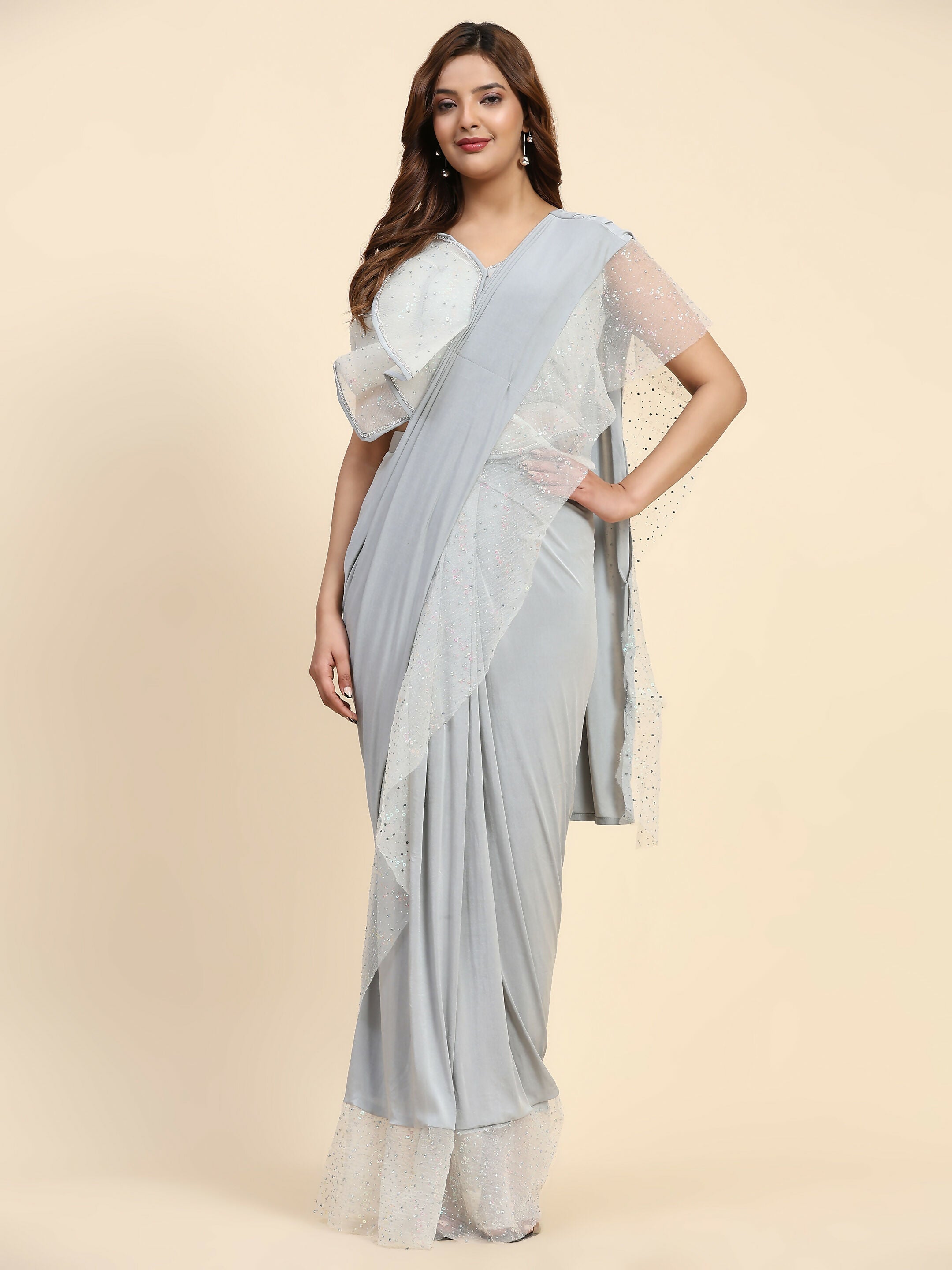 Light Grey Lycra Solid Ready to Wear Saree with stitched Blouse - Nita | Grocsy