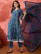 Joban Fashion Printed Blue Pure Cotton Kurta Set | Grocsy