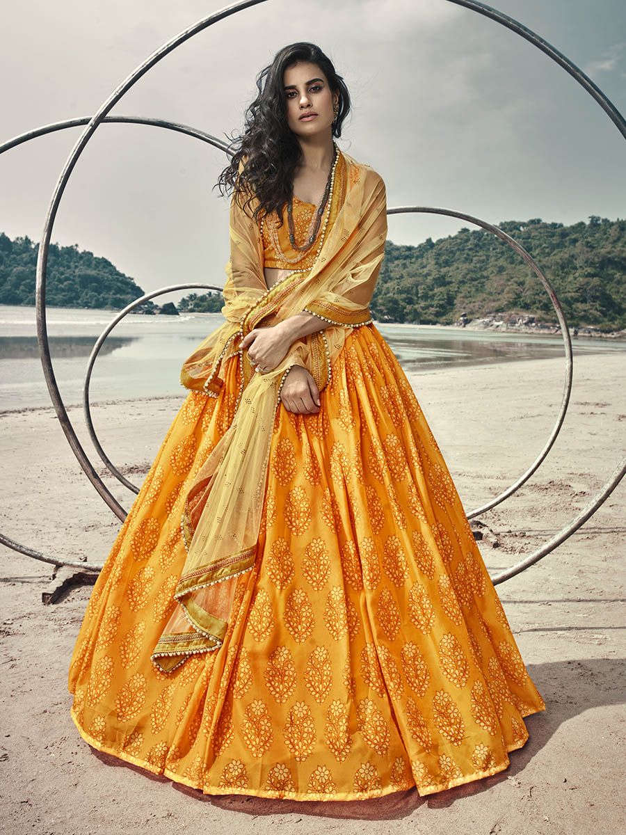 Myra Musturd Yellow Organza Printed Lehenga | Grocsy