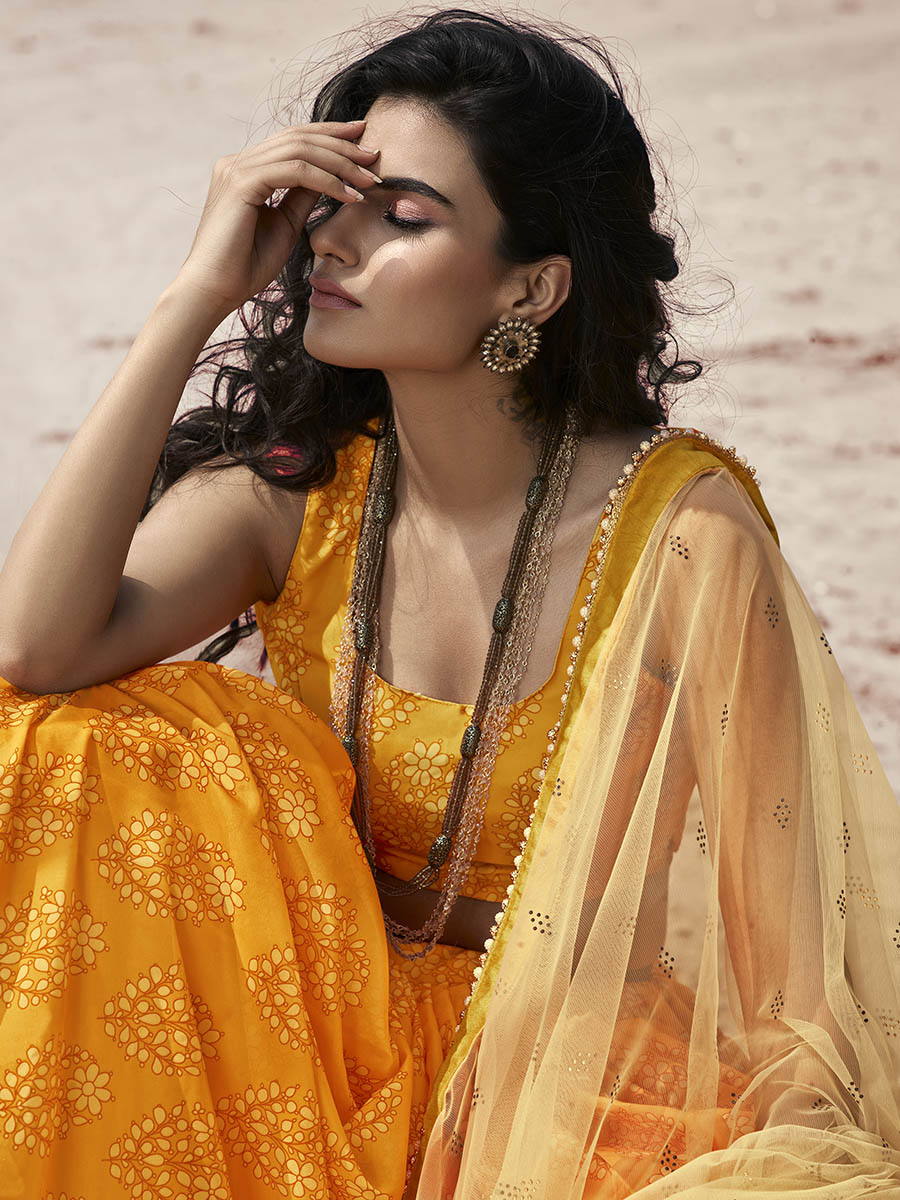 Myra Musturd Yellow Organza Printed Lehenga | Grocsy