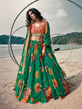 Myra Rama Green Organza Printed & Embroidered Lehenga | Grocsy