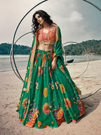 Myra Rama Green Organza Printed & Embroidered Lehenga | Grocsy
