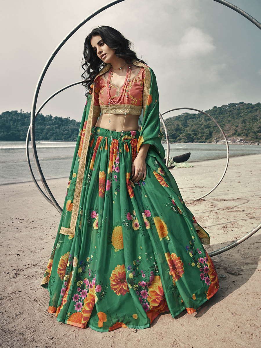 Myra Rama Green Organza Printed & Embroidered Lehenga | Grocsy