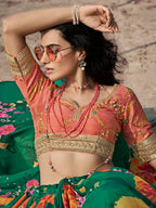 Myra Rama Green Organza Printed & Embroidered Lehenga | Grocsy