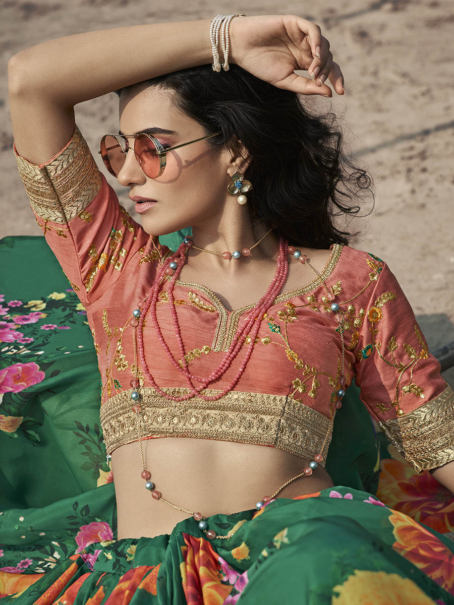 Myra Rama Green Organza Printed & Embroidered Lehenga | Grocsy