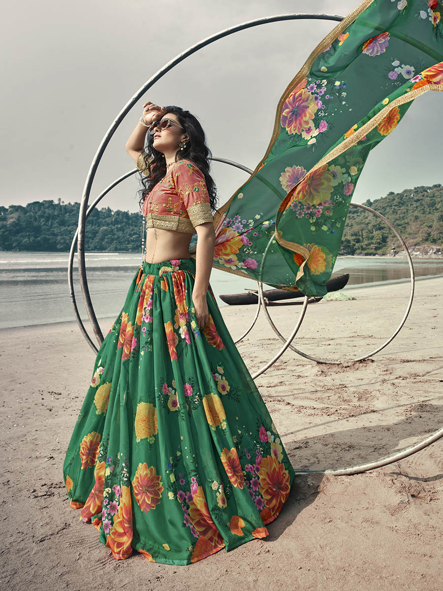 Myra Rama Green Organza Printed & Embroidered Lehenga | Grocsy
