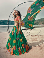Myra Rama Green Organza Printed & Embroidered Lehenga | Grocsy
