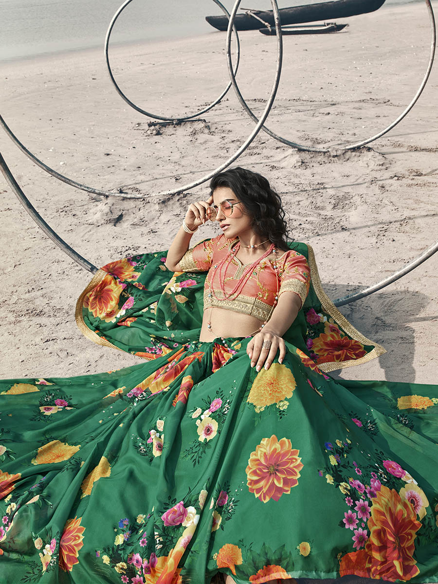 Myra Rama Green Organza Printed & Embroidered Lehenga | Grocsy